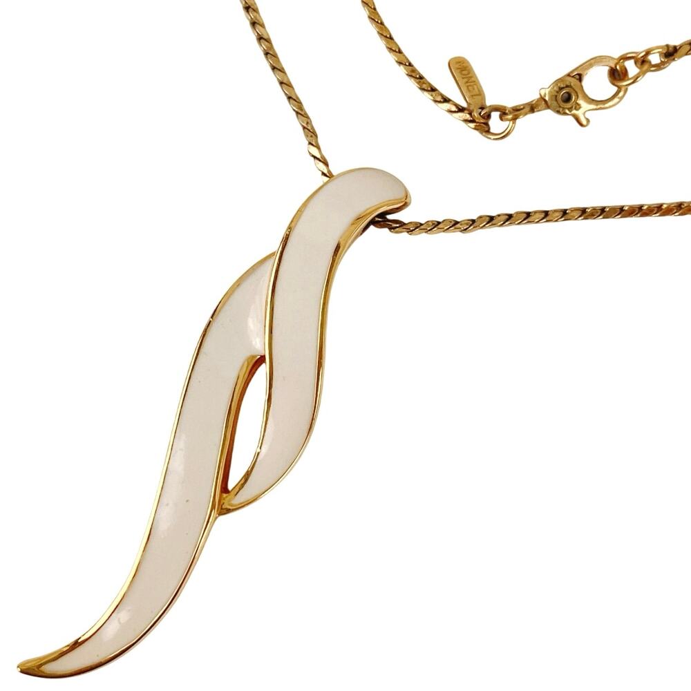 Vintage Signed Monet Necklace Modernist Cream Enamel Gold Tone 1980s